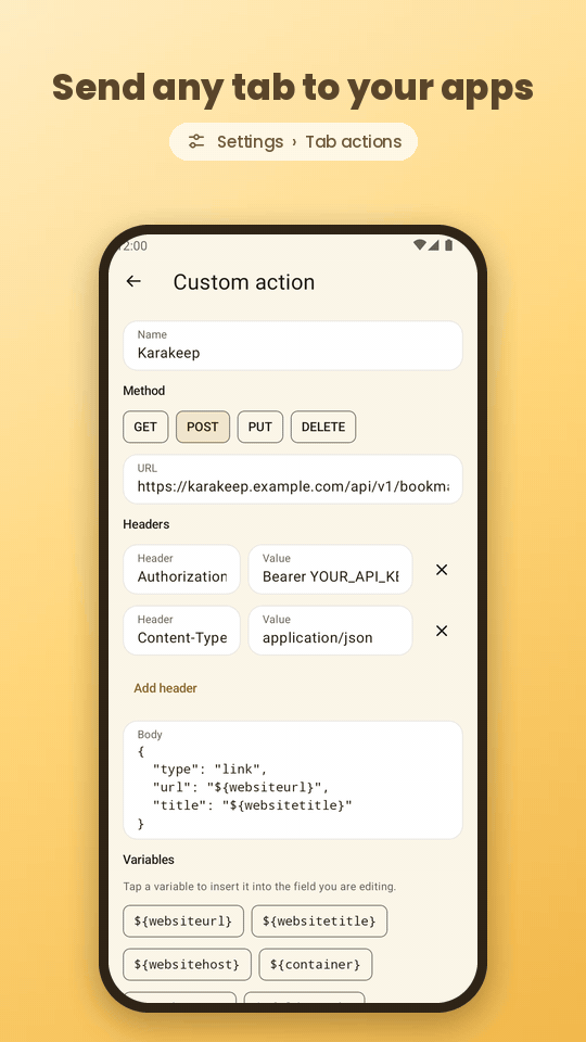 A tab sent to Karakeep with one tap on a custom action