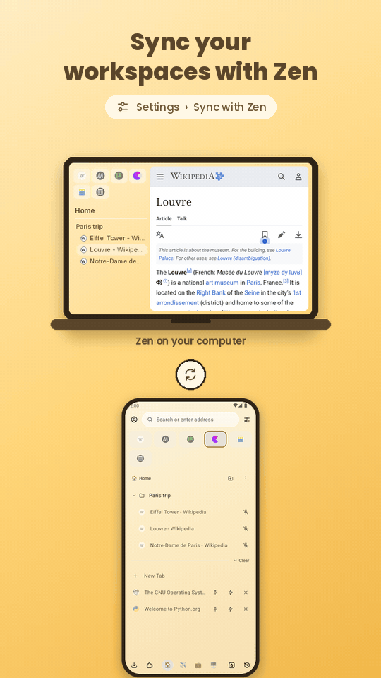A workspace changed in Zen on a laptop shows up the same way in Dejavu on a phone